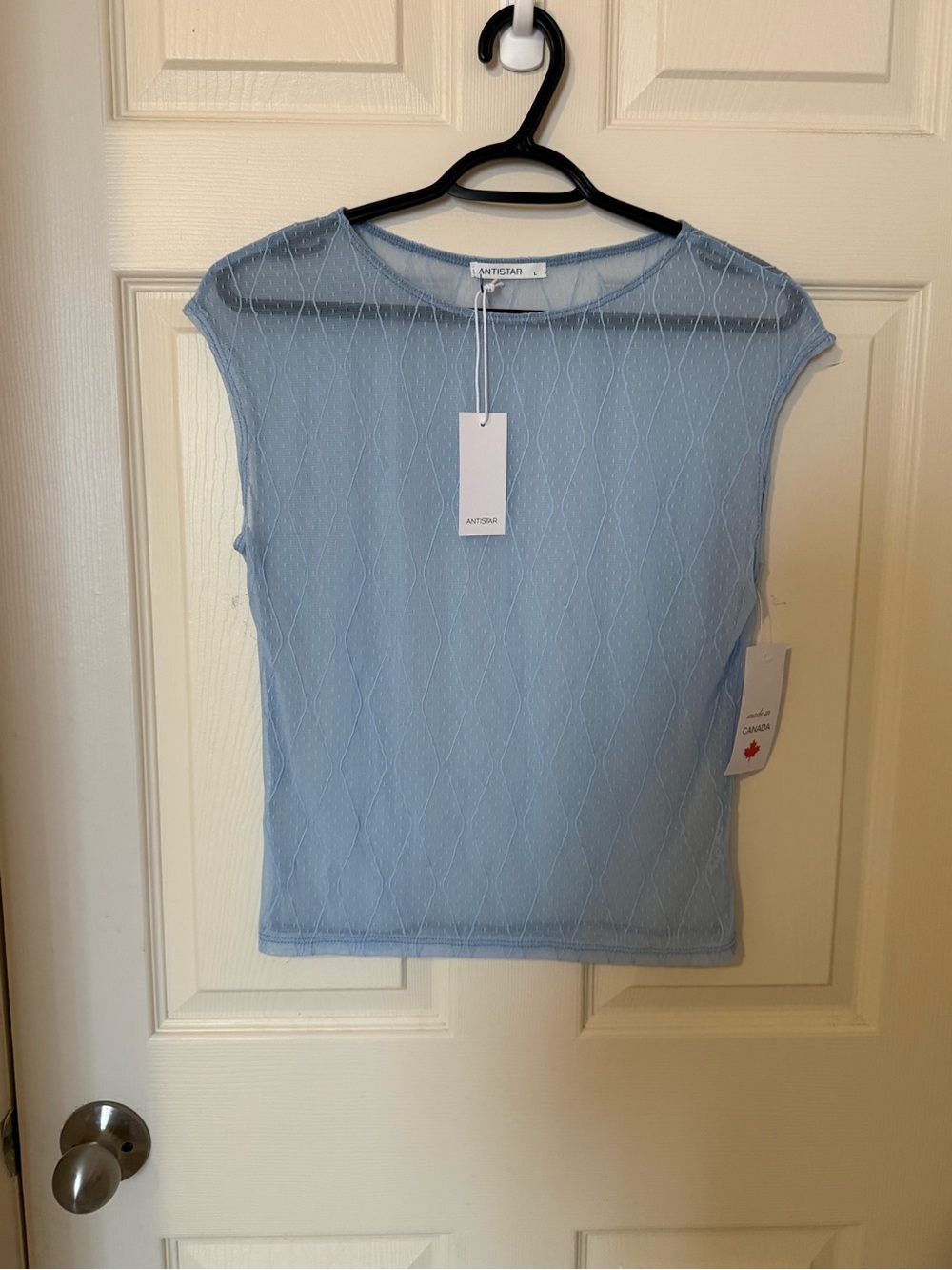 Light Blue Antistar Sheer Cap-Sleeve Knit Top Made in CANADA